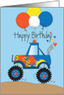 Hand Lettered Monster Truck Birthday with Colorful Balloons and Hearts card