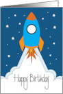 Hand Lettered Birthday for Boys with Orange and Blue Rocket Ship card