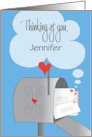 Hand Lettered Thinking of You Envelopes in Mailbox with Custom Name card
