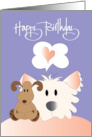 Hand Lettered Birthday Fluffy White Dog on Pillow with Toy Stuffed Dog card
