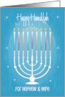 Hand Lettered Hanukkah for Nephew and Wife White Menorah and Candles card