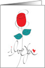 Hand Lettered I Love You Long Stem Red Rose with Swirls and Hearts card