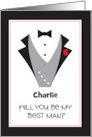 Be My Best Man Invitation with Tuxedo and Red Rose with Custom Name card