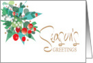 Hand Lettered Season’s Greetings with Red and White Holly Berries card