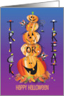 Hand Lettered Halloween Trick or Treat Stacked Pumpkins and Candy card