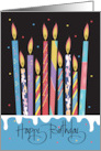 Hand Lettered Birthday with Skewed Decorated Candles on Frosted Cake card