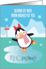 Hand Lettered Christmas Penguin Ice Skating for Girl with Warm Wishes card