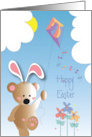 Hand Lettered Hoppy Easter Bear in Bunny Ears Flying Easter Egg Kite card