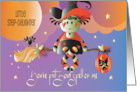 Hand Lettered Halloween for Step Daughter Witch on Broom Spell on Me card