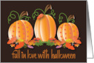 Hand Lettered Fall in Love with Halloween Pumpkin Trio and Fall Leaves card