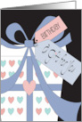 Hand Lettered Birthday Gift with Heart Covered Gift Tags and Blue Bow card