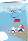 Hand Lettered 4th of July Hooray Beach Cart with Shoreline and Shells card