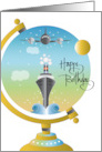 Hand Lettered Birthday for Travel Agent Globe with Cruise Ship and Jet card