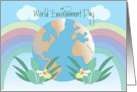 Hand Lettered World Environment Day with Globe Rainbows and Foliage card