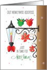 Hand Lettered Newlywed Christmas Address Birds on Decorated Porchlight card