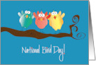 Hand Lettered National Bird Day with Three Colorful Birds on Tree Limb card