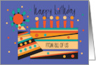 Hand Lettered Birthday From All of Us with Abstract Cake and Party Hat card