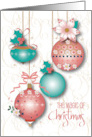 Hand Lettered The Magic of Christmas Four Ornaments with Poinsettias card