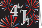 Hand Lettered 4th of July with Bursting Fireworks of Red and Blue card