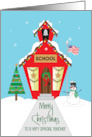 Christmas for Teacher with Red School House Decorated for Holidays card