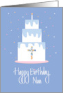 Hand Lettered Birthday for Nun with Layered Cake Stained Glass Cross card