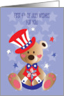 First 4th of July For Boy with Bear in Patriotic Hat Holding Pinwheel card