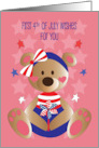 First 4th of July For Girl with Bear in Patriotic Bow Holding Pinwheel card