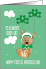 Hand Lettered Girl’s 1st St. Patrick’s Day Bear with Shamrock Balloons card