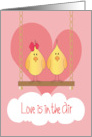 Hand Lettered Love is in the Air Two Yellow Birds on Swing with Heart card