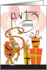 Hand Lettered Party Animal Birthday Tiger and Stacked Gifts Custom Age card