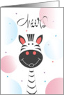 Hand Lettered Cheers Birthday with Striped Zebra and Pastel Balloons card