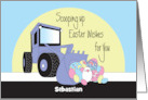Hand Lettered Easter Front Loader Scooping Up Eggs with Custom Name card
