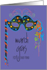 Hand Lettered Mardi Gras for Dear Friend Black Ornate Mask and Ribbons card