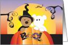 Halloween Boo Trick or Treaters Witch and Ghost in Orange Pumpkin card