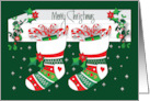 Hand Lettered Christmas Decorated Stockings on White Fireplace Mantle card