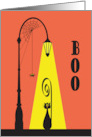 Halloween Boo Black Cat in Streetlight with Curly Tail and Spiderweb card