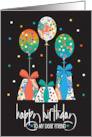 Hand Lettered Birthday for Friend Patterned Trio of Gifts and Balloons card