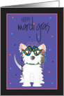 Hand Lettered Mardi Gras with Fluffy Dog in Mardi Gras Black Mask card