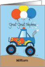 Hand Lettered Birthday Monster Truck with Balloons Great Great Nephew card
