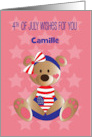 Fourth of July for Girl Bear Red White and Blue Heart with Custom Name card