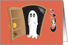 Hand Lettered Halloween Boo Ghost at Open Door with Spider and Web card