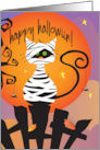 Hand Lettered Halloween Mummy Black Cat Curly Tail on Black Fence card