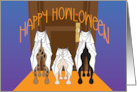 Hand Lettered Happy Howloween Trio of Trick or Treating Dogs at Door card