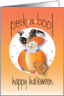 Hand Lettered Peek a Boo Mouse in Pumpkin in Witch Hat with Crow card