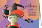 Hand Lettered Witching You a Happy Halloween Witch Girl in Curly Hat card
