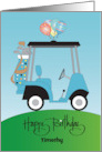Hand Lettered Birthday Golfer Blue Golf Cart and Balloons Custom Name card
