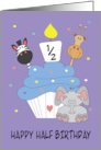 Half Birthday Boy Cupcake Animal Friends Zebra Giraffe Elephant Candle card