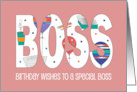 Birthday for Female Boss Pink with Balloons Papers Coffee and Pencils card