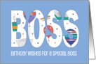 Birthday for Male Boss Blue with Balloons Papers Coffee and Pencils card