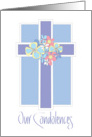 Hand Lettered Our Condolences Blue Floral Cross with White Border card